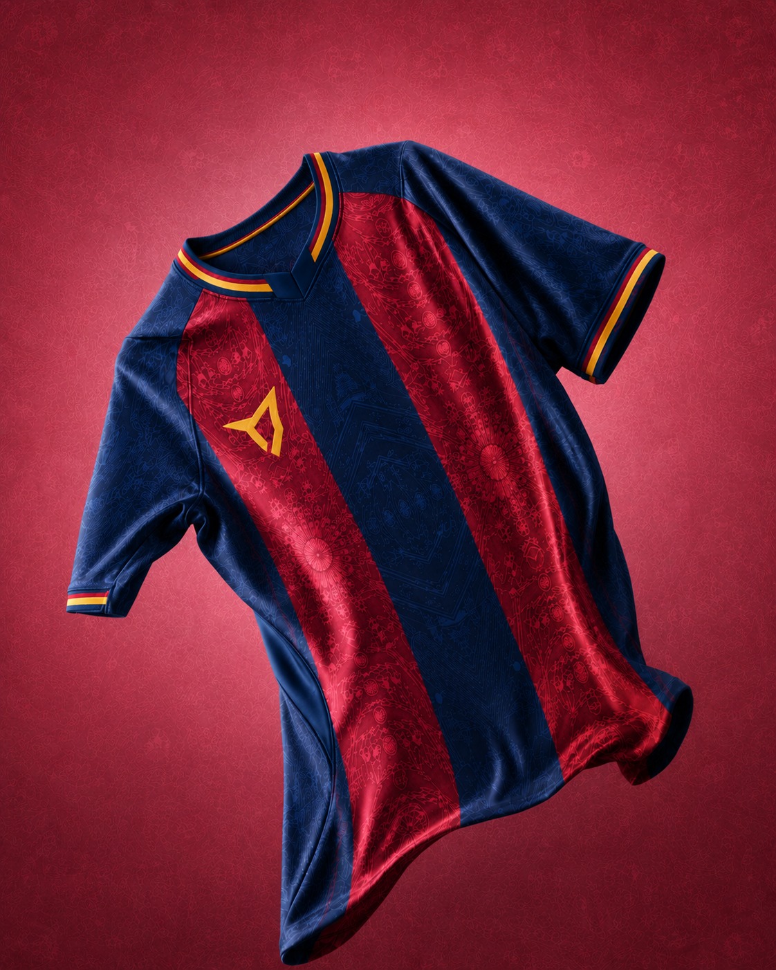 La Sagrada jersey front in Barcelona red and navy stripes