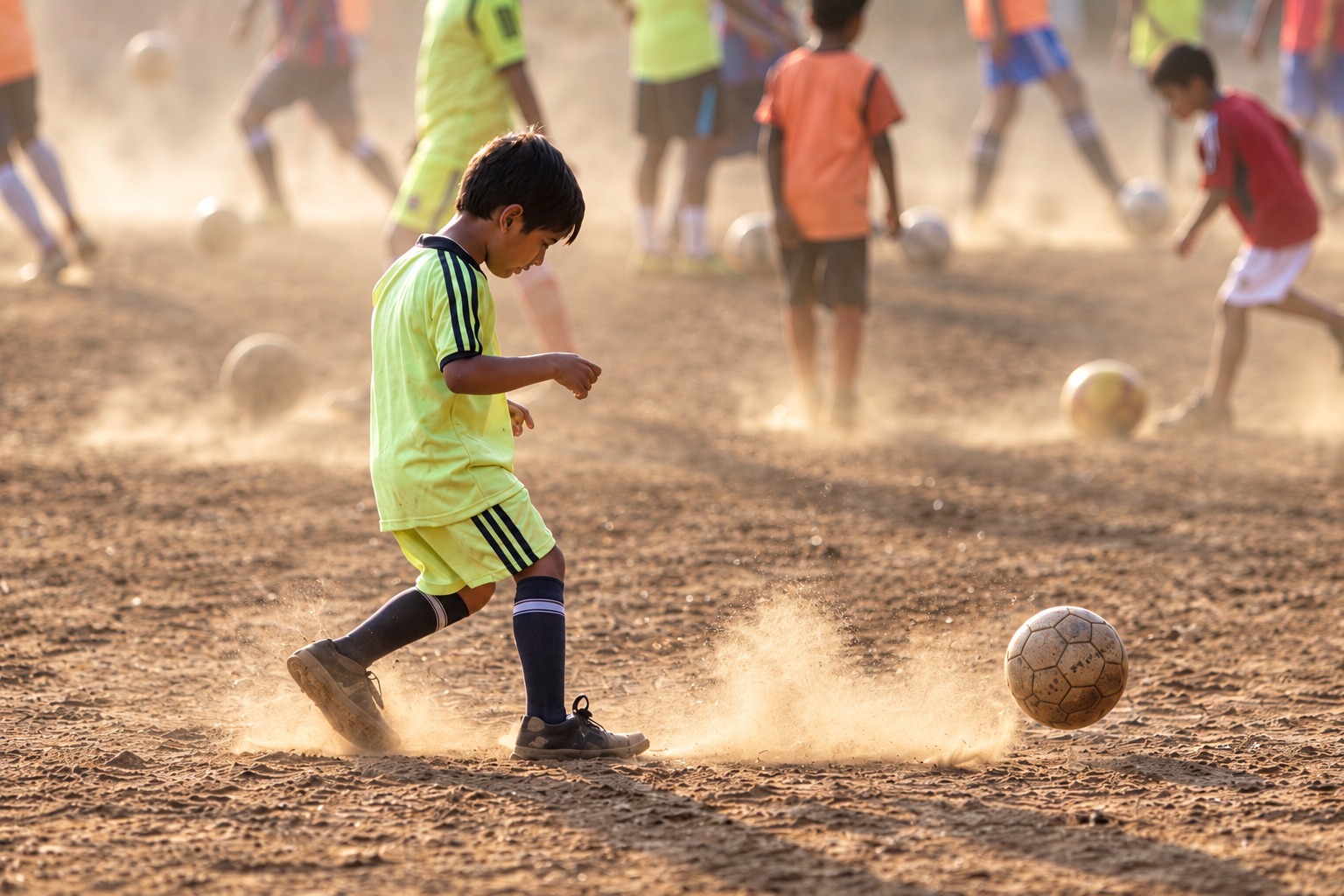 Kids playing football on a dusty ground with dust clouds