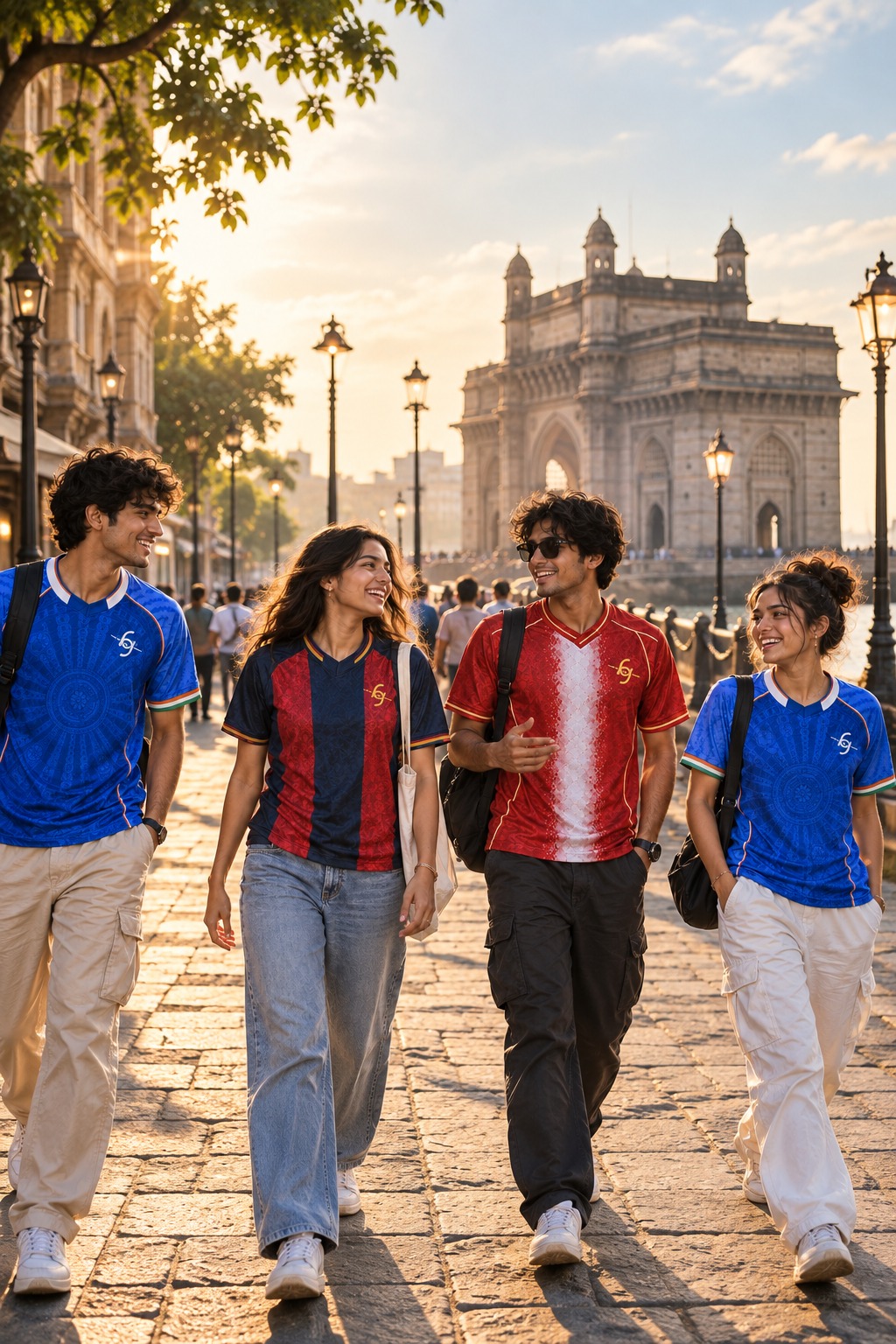 Four people wearing CATEN8 jerseys walking near the Gateway of India